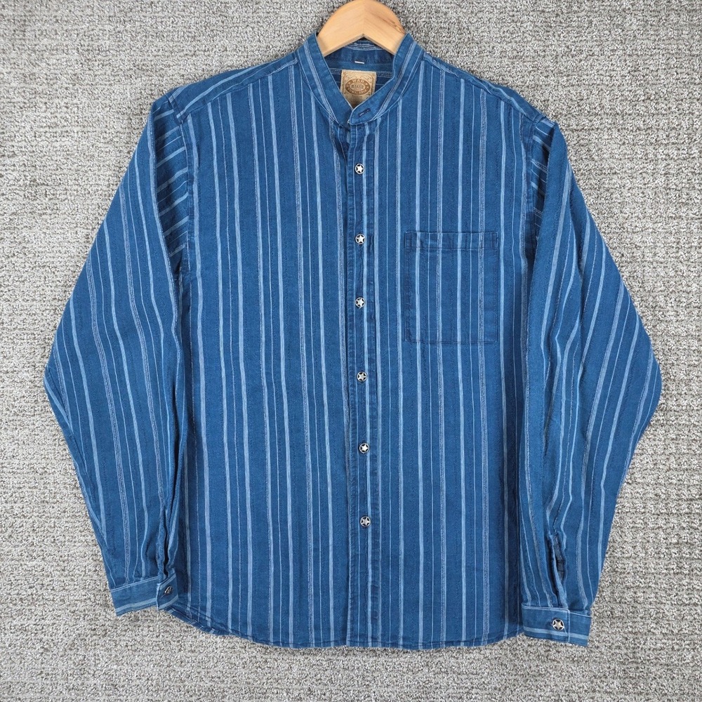 Wah Maker Mens Medium Blue Striped Banded Collar Frontier Western Shirt USA